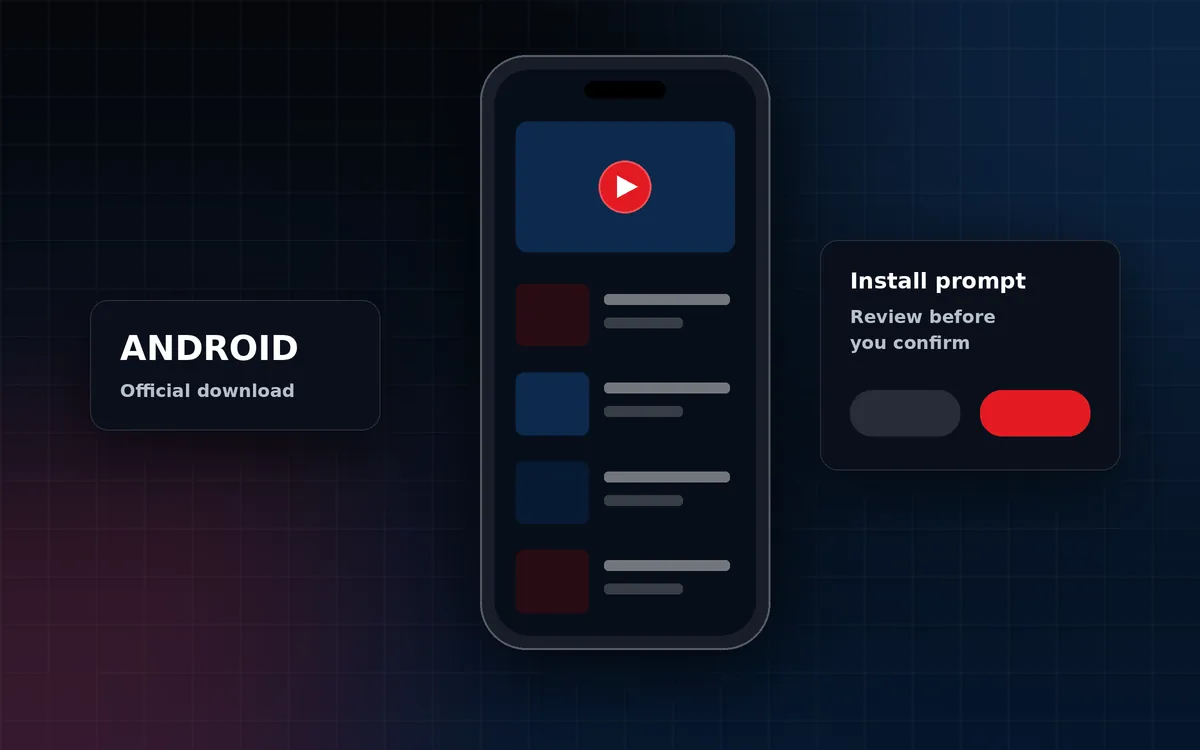 Illustration of an Android-style phone with a generic video layout and an install prompt card