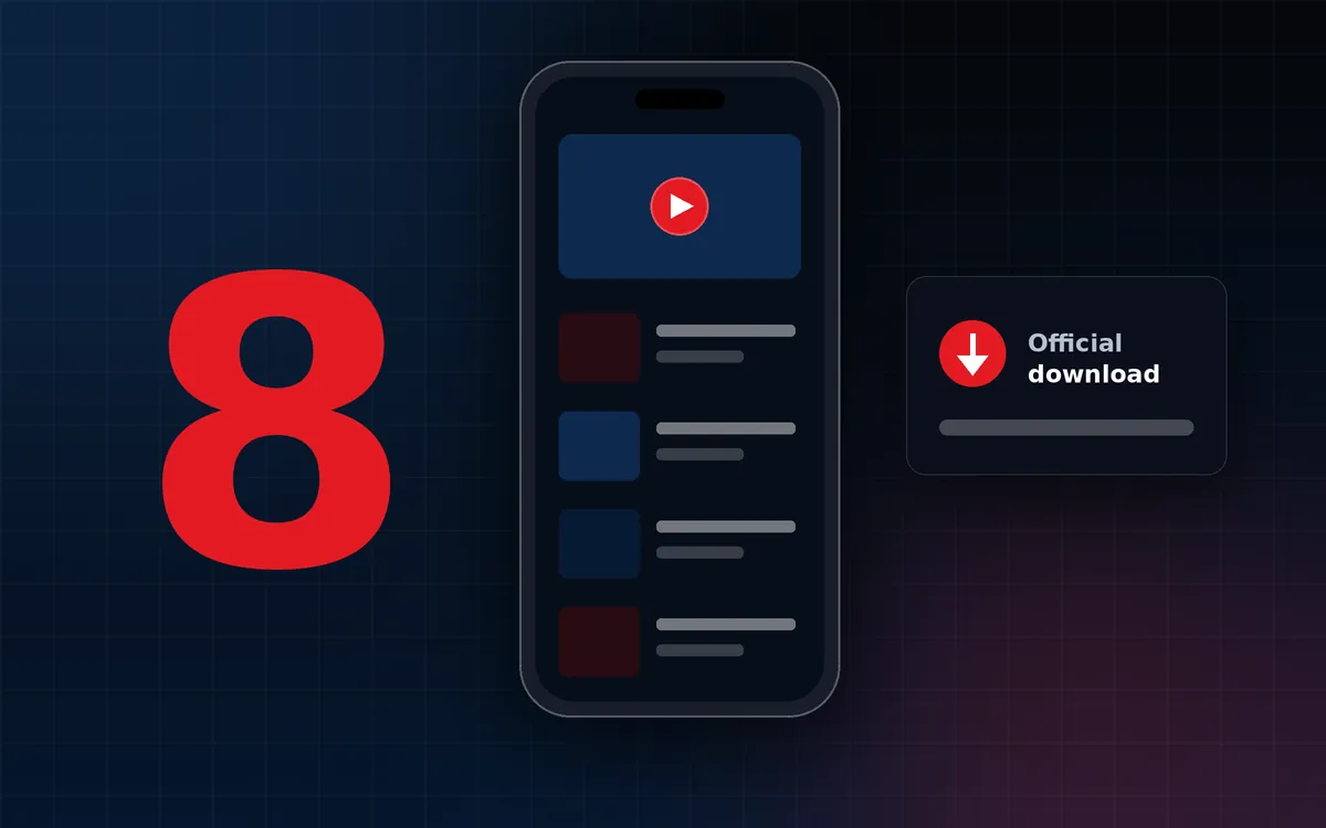 Illustration of a phone showing a generic video app layout beside an official download panel